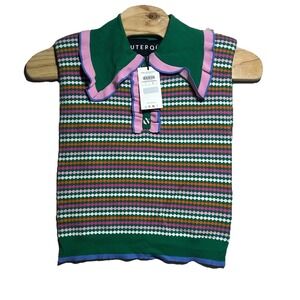 NEW Uterque Women Colorful Knit Sweater Vest Ruffles‎ Preppy EUR L Kelly Green